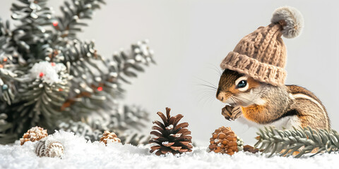 Fototapeta premium A cute squirrel wearing a knitted hat sits in snow with pinecones near a snowy Christmas tree.