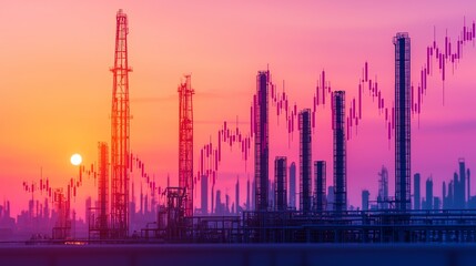 Fototapeta premium A dramatic sunset illuminates the skyline of industrial structures, highlighting the synergy between nature and technology.