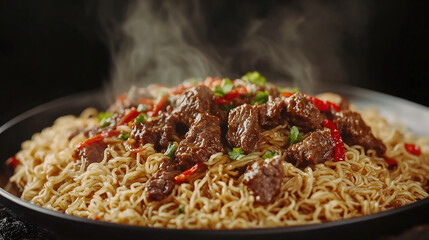 fried rice noodles with beef, Photo of thick noodles with beef on a plate, 