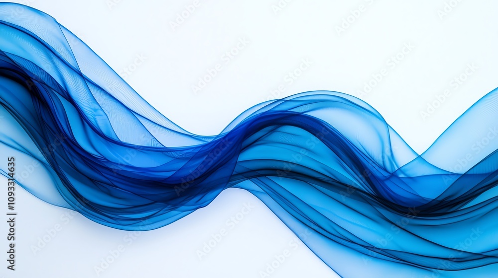 Poster a flowing wave of translucent blue fabric creating a serene and calming visual effect on a white bac