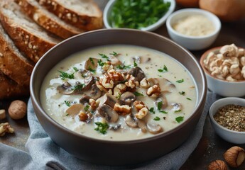 Creamy Mushroom Soup in a Rustic Bowl Accompanied by Fresh Ingredients and Artisan Bread on a Wooden Table Setting