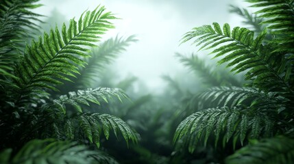Lush green ferns in a misty forest.