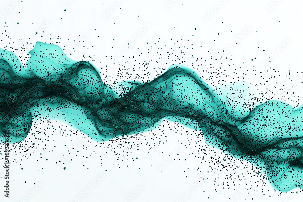 Poster a mesmerizing wave of teal and black particles creating an abstract design, perfect for backgrounds 