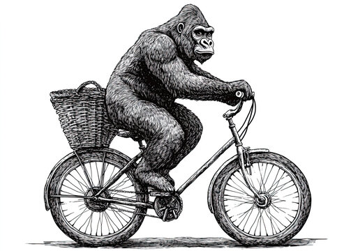 recommend clip art: 
                    Gorilla riding a bicycle with a basket, combining surrealism and humor. Sketch engraving generative AI raster illustration. Black and white image. Scratch board imitation.