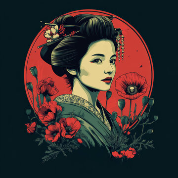 T-shirt design, vector contour, flat illustration of a portrait of a geisha with poppy flowers
