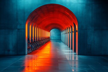 Fototapeta premium A futuristic tunnel with parked bikes illuminated by red neon lights.