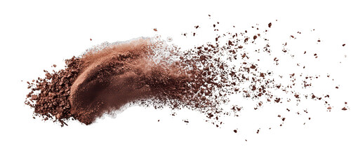 Light, airy cloud of cacao powder floating mid-air, isolated on white background.