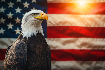 Naklejka premium Majestic bald eagle in profile view with the American flag in the background, symbolizing patriotism, strength, and freedom with vibrant lighting enhancing the scene