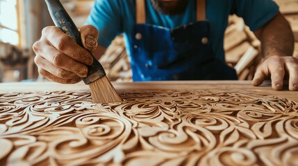 A skilled craftsman meticulously carving intricate designs on wood, showcasing artistry and dedication in woodworking.