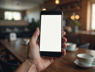 Man holding a smartphone with a blank screen in the background is blurred.