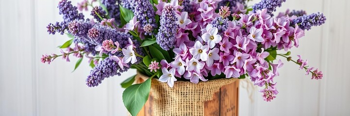 A lush gathering of lavender and lilac flowers in a rustic wooden vase with a natural burlap wrap, warm ambiance, country decor