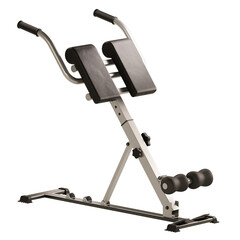 A silver and black exercise machine with a black and white cushion