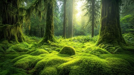 Enchanted Mossy Forest: A Serene Sunlit Realm