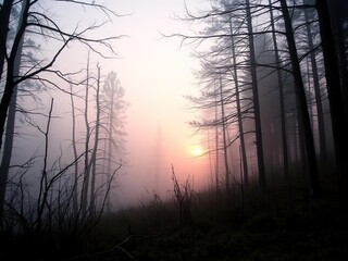 Obraz premium A misty dawn in a forest with dead trees and undergrowth, undergrowth, morning, scenery