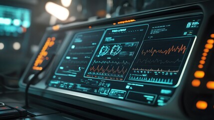 Obraz premium Futuristic medical monitor displaying vital signs and data.