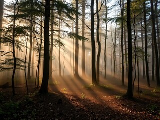 Obraz premium A misty forest floor shrouded in soft morning light, forest scenery, misty atmosphere, early morning