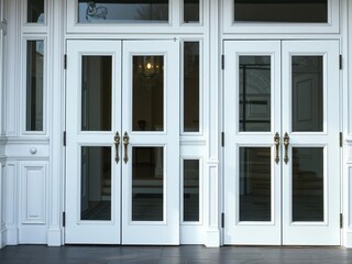 Fototapeta premium A pair of large glass doors in a crisp white finish adorned with ornate hardware, architectural feature, glass doors