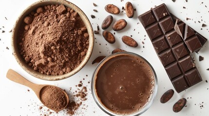 A collection of chocolate elements including cocoa powder, chocolate bars, and cocoa beans.