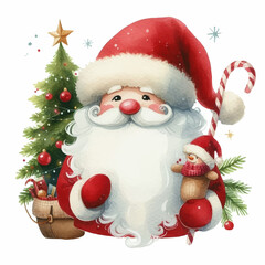 watercolor Cartoon Santa Claus with christmas gifts, vector illustration isolated on the white background