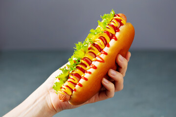 A hand holds a hot dog with sausage, ketchup and mustard. Close up. Grey background.
