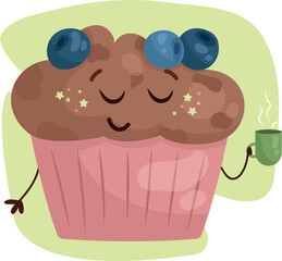 Character Blueberry Muffin drinks tea