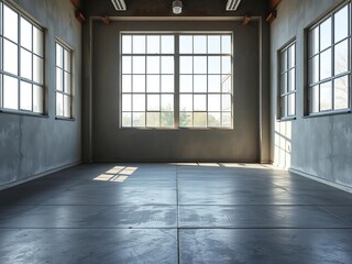 A room with a wide concrete floor and floor-to-ceiling windows that let in plenty of natural light, modern construction, minimalist decor, raw materials