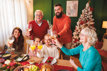 Happy family making a toast while having Christmas dinner