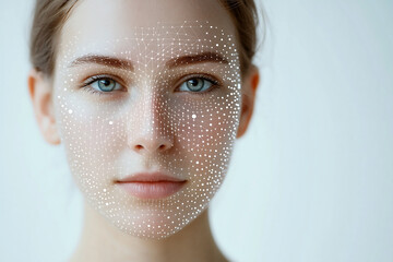 Portrait of a young woman with a facial mapping grid overlay, representing advanced biometric technology, artificial intelligence, and the future of facial recognition systems