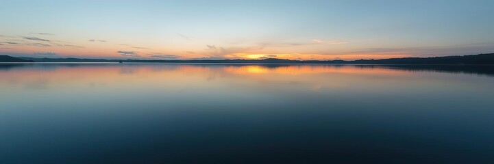 A serene lake surface reflecting the first hints of sunrise, serenity, sunrise, peaceful