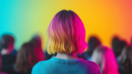 Fototapeta premium A vibrant scene showcasing the back of a person with colorful hair, set against a beautiful gradient background.