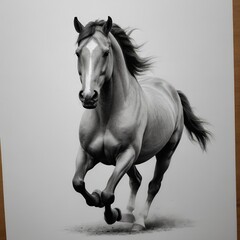 Majestic Running Horse: A Stunning Black and White Pencil Drawing of an Equine in Motion