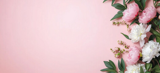 Fototapeta premium Pink and white peonies with lush green leaves arranged as a floral border on a pastel pink background, creating a romantic and elegant composition with ample copy space