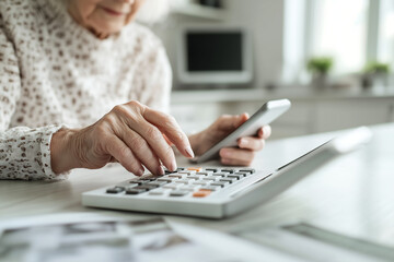 Elderly woman calculating finances using a smartphone and calculator in a modern kitchen, representing budgeting, financial management, and independence in later life