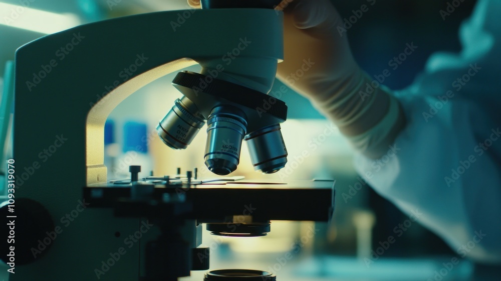 Poster close-up of a microscope with lenses in focus