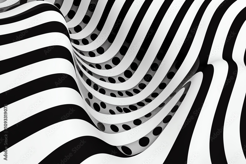 Poster abstract black and white waves featuring stripes and dots creating a mesmerizing visual effect.