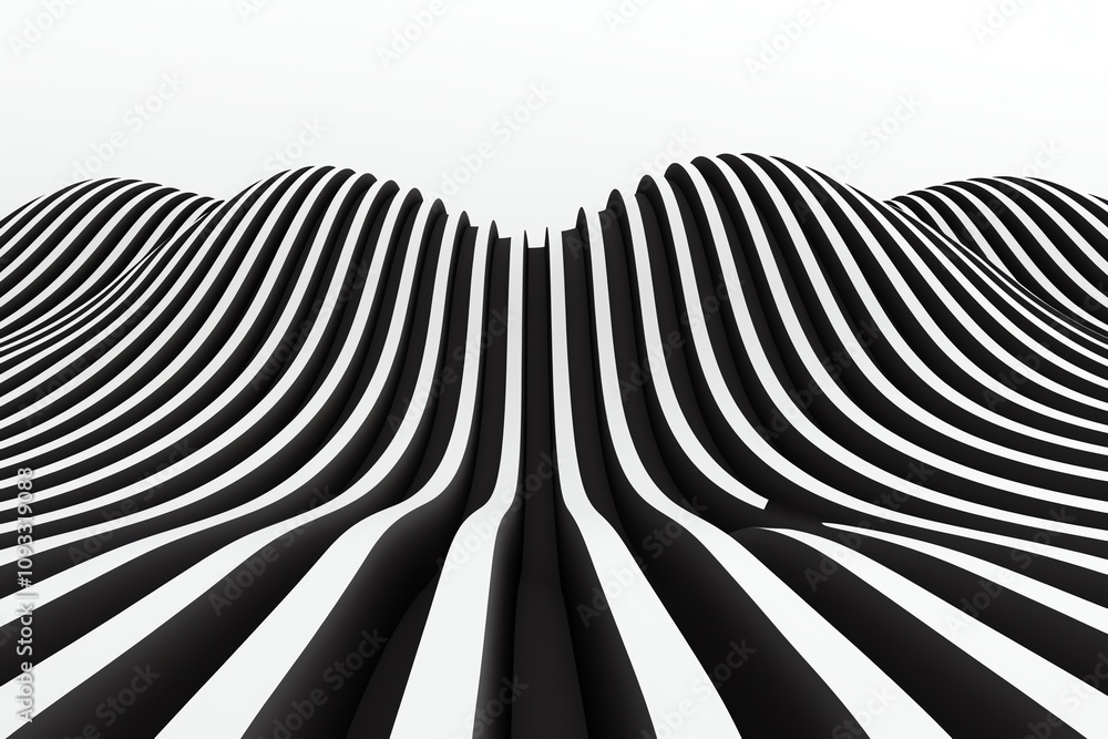 Poster abstract black and white waves create a visual rhythm, evoking depth and motion in a minimalist desi