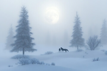 Mystical moonlit winter night with wolves howling at the glowing full moon insnowy landscape,copyspace