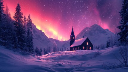 A serene winter landscape featuring a quaint church surrounded by snow-covered mountains, illuminated by vibrant auroras in a twilight sky.