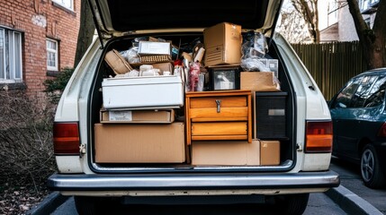 Overflowing trunk of a car filled with assorted boxes, bags, and household items ready for moving or storage in an urban environment