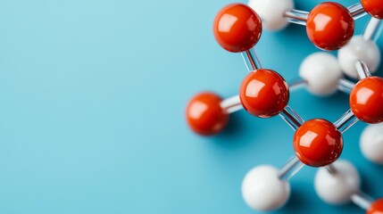 Abstract close-up of a molecular structure with red and white atoms on a blue background, representing chemical bonds and science.