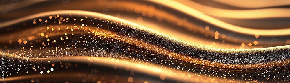 Poster abstract golden waves create a mesmerizing motion, adorned with sparkling particles that evoke luxur
