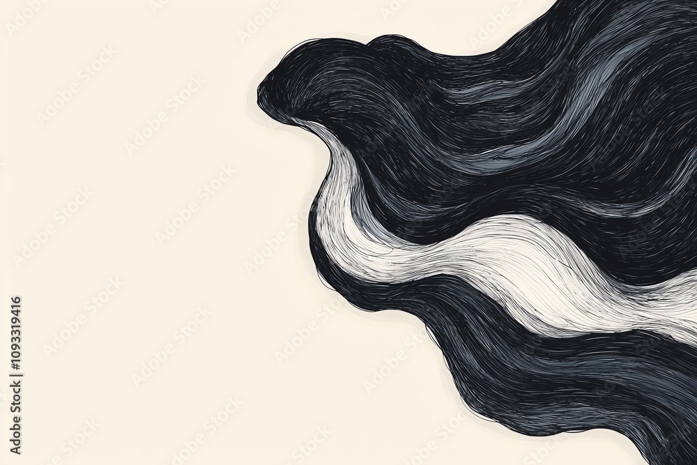 Poster abstract illustration featuring flowing black and white lines, creating a sense of movement and dept