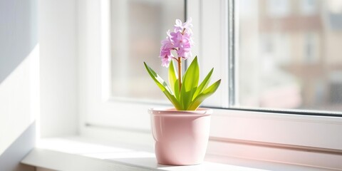 A small pink pot contains a small hyacinth sprout on a windowsill, basking in the warm sunlight and gentle spring breeze, pink pot, outdoors, hyacinth