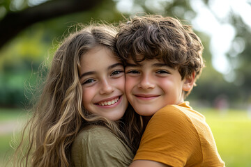 Obraz premium Smiling brother and sister hugging in a green park on a sunny day, showcasing the warmth, connection, and happiness of childhood and sibling love