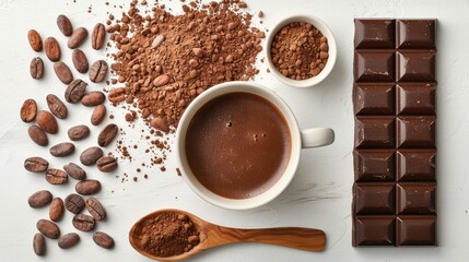 A composition featuring cocoa beans, chocolate, cocoa powder, and a cup of hot chocolate.