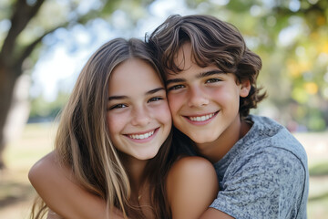 Fototapeta premium Smiling brother and sister embracing in a sunny park, highlighting sibling love, family connection, and the joy of childhood in an outdoor natural setting