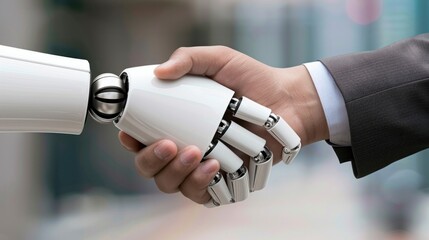 Human handshaking a robotic hand, symbolizing AI-driven technology transforming labor resources, HR relationships, and the future of work