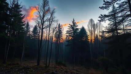 Obraz premium A tranquil atmosphere settles over the forest as the day's final moments are filled with a kaleidoscope of color, natural scenery, sunset