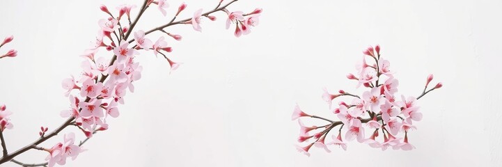 Cherry blossom branches with a touch of pink are artfully placed against a white wall, natural elements, white wall