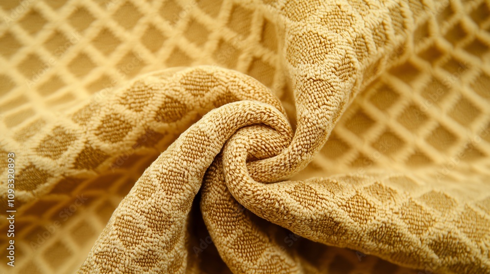 Poster close-up of textured fabric showcasing a golden hue, emphasizing intricate patterns and softness for